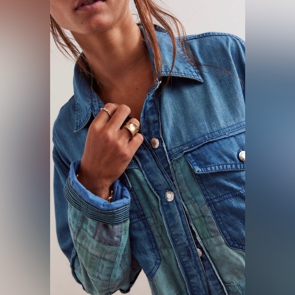 NWT We The Free Heritage Quilted Shirt Jacket S Hay Tint Wash Blue Light Shacket - Picture 3 of 9